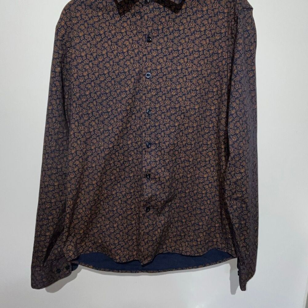 Consequence Mens Yellow Navy Paisley Collared Long Sleeve Button Up Shirt Medium - Picture 2 of 9